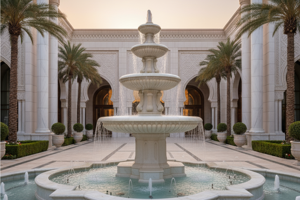 Elegant multi-tiered marble fountain in courtyard with palm trees and ornate building facade
