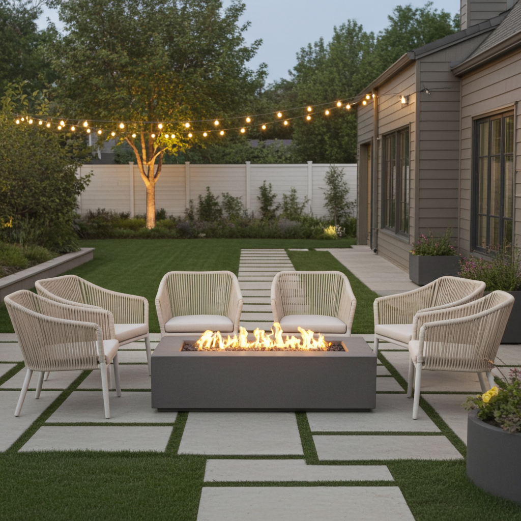 Modern outdoor patio fire pit with six woven armchairs on stone tiles and string lights