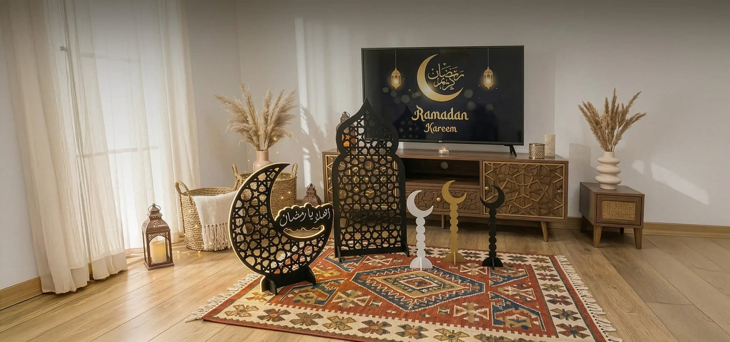 Living room with Ramadan decorations, including a TV screen displaying 'Ramadan Kareem'.