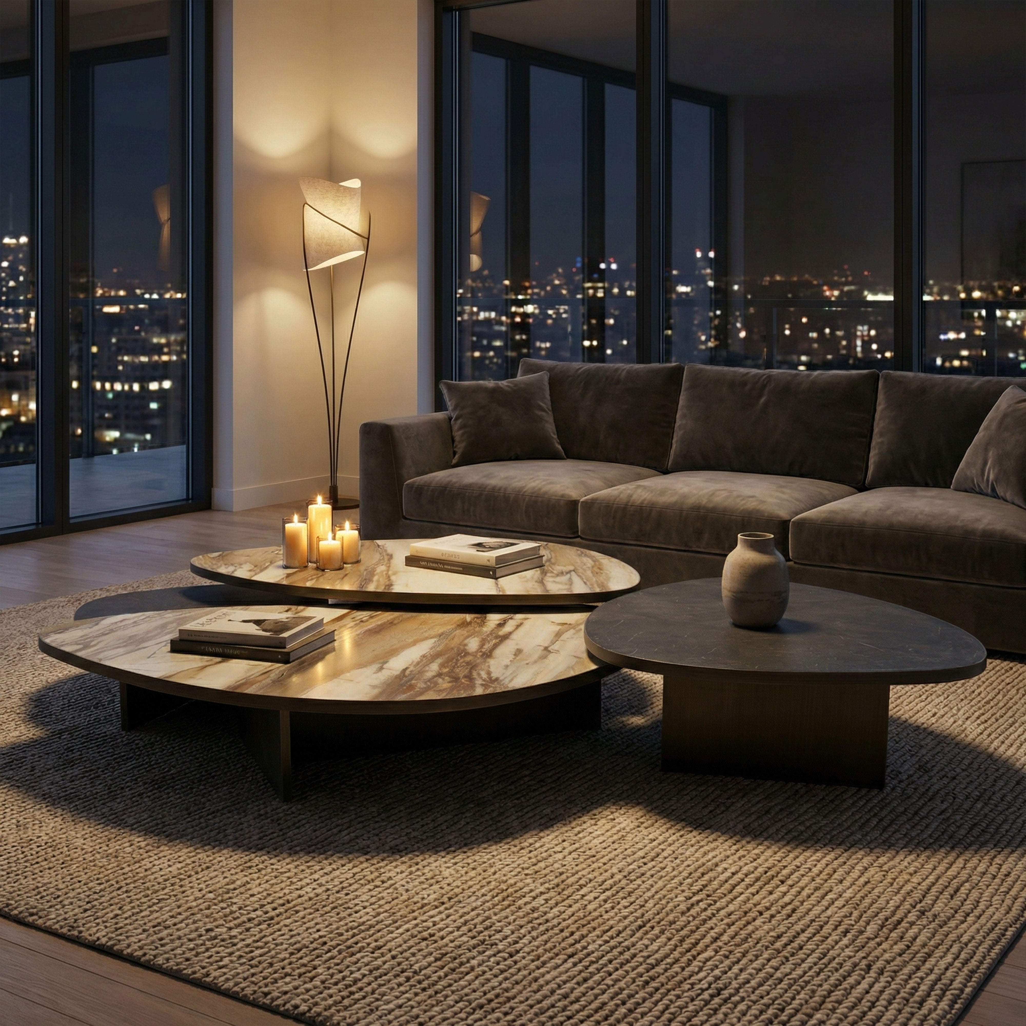 Aurelia marble coffee tables in the middle of modern living room with a sectional sofa, and cityscape view.