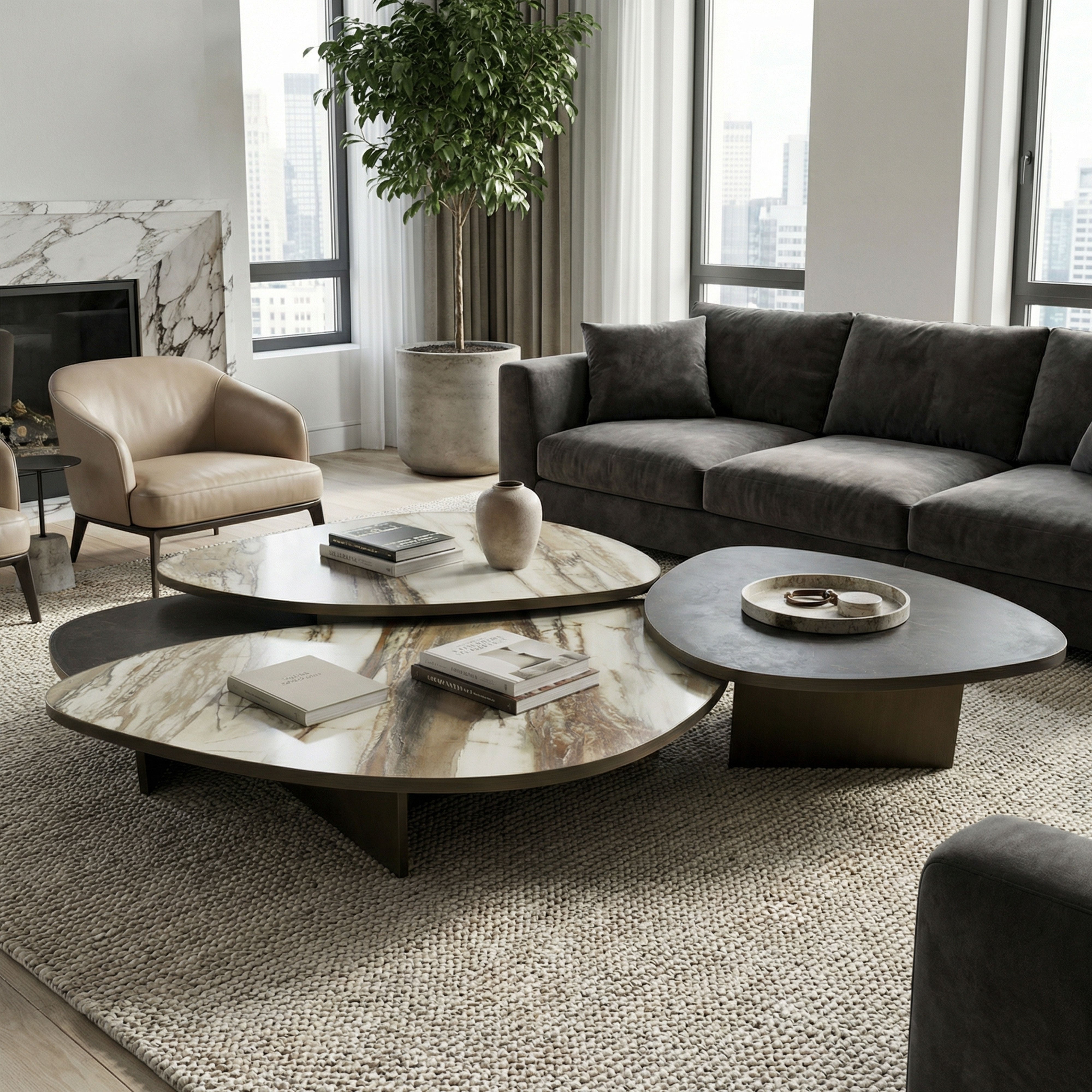 Aurelia marbel coffe table set in a modern living room with a gray sectional sofa, and beige armchair.
