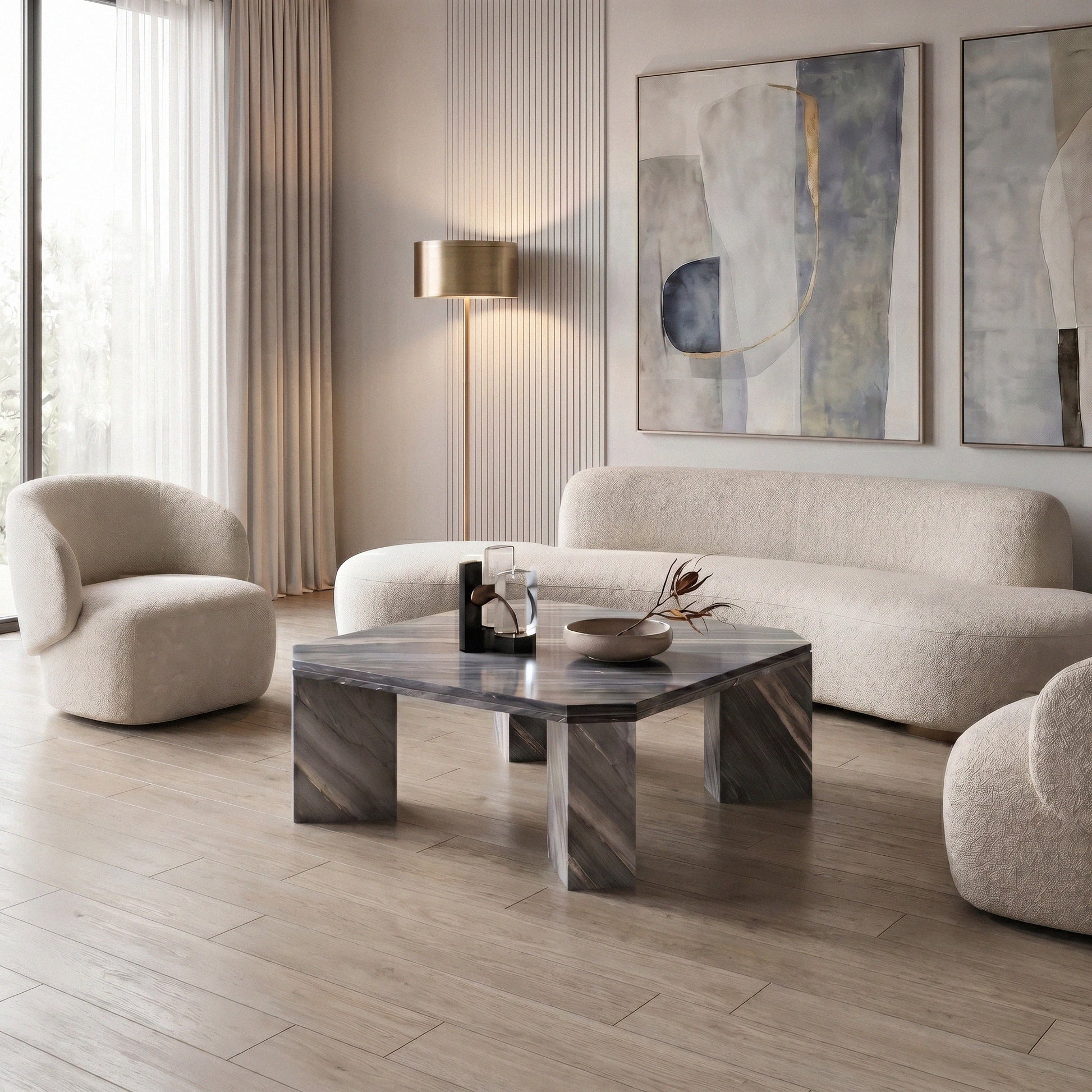 Azure Marble Coffee Table from Marbeya Charm in modern living room with beige sofa, and abstract art on the wall.
