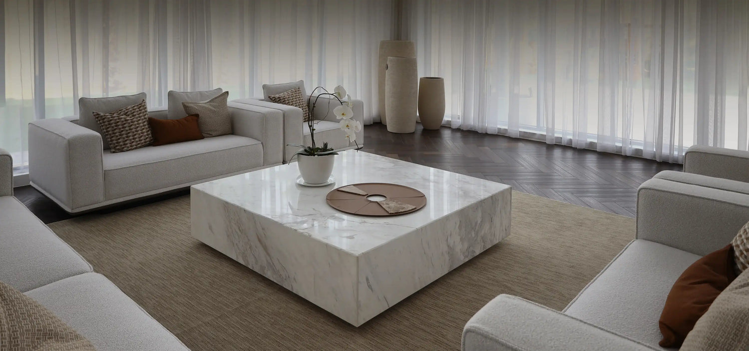Marble coffee table in the middle of a modern living room 