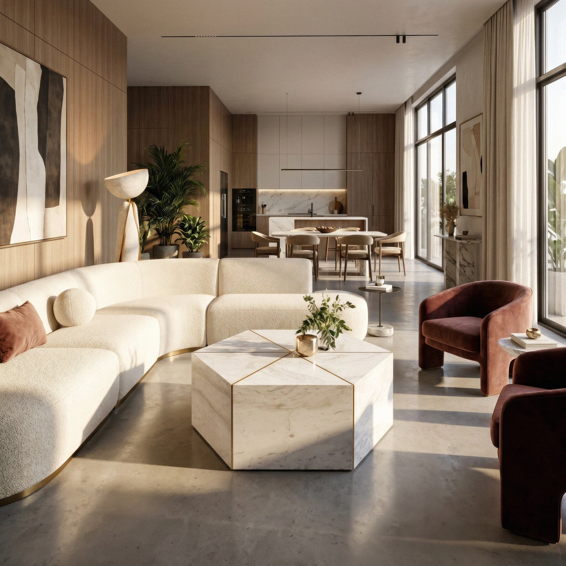 Chloe hexagonal marble coffee table from Marbeya Charm in a modern living room 