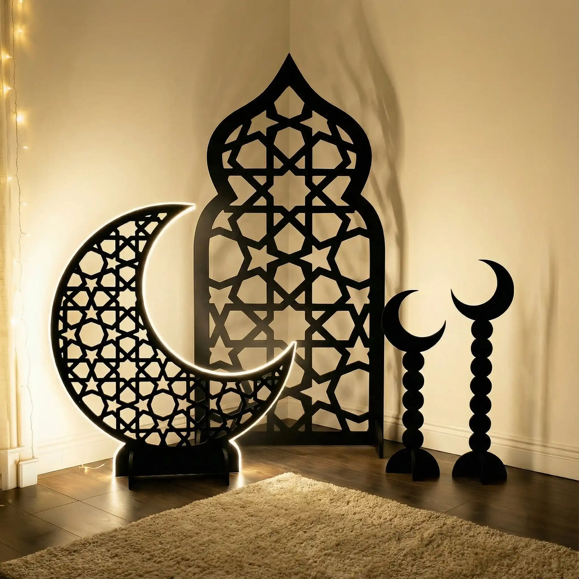 Decorative metal wall art with geometric patterns on a neutral background
