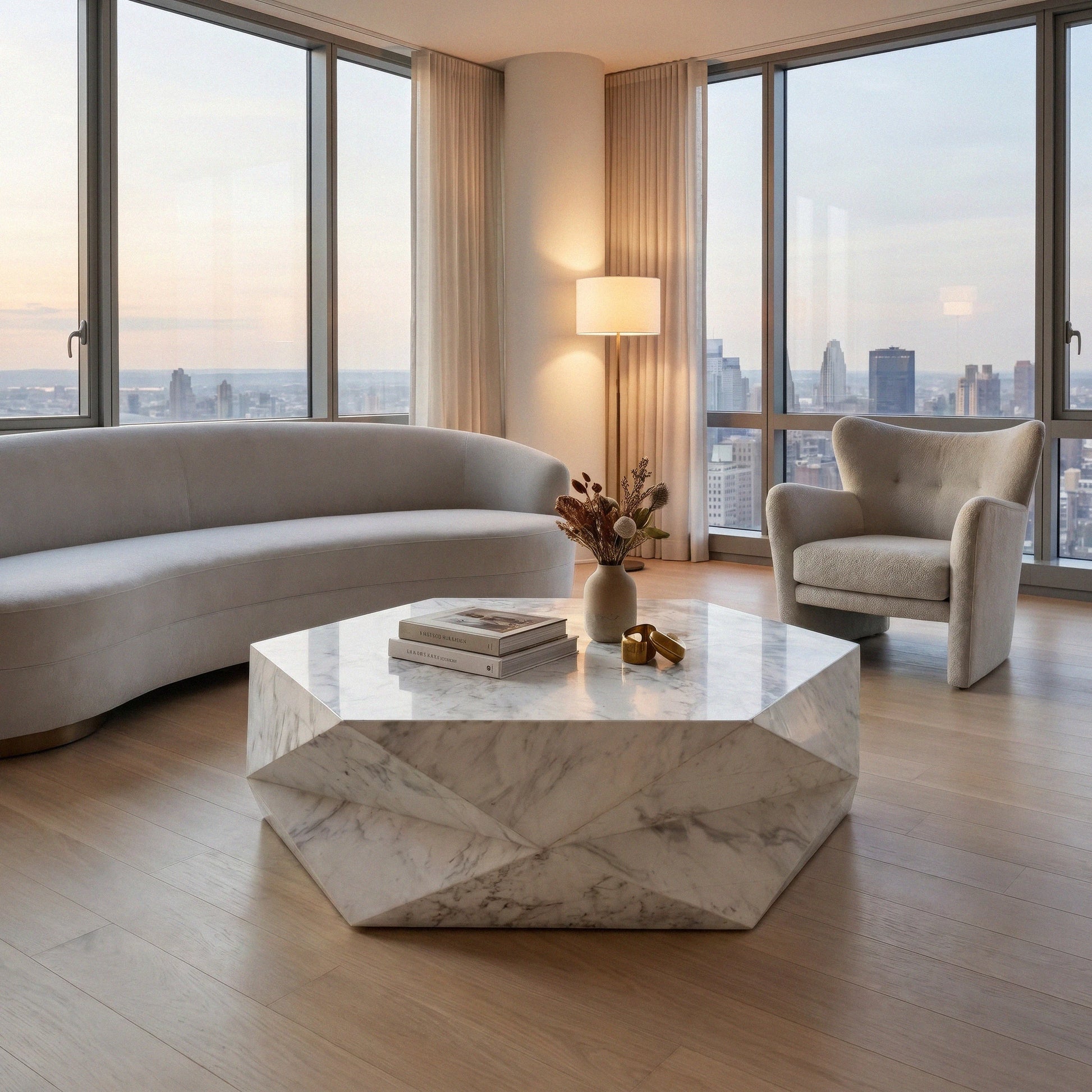  Felix Coffee Table - a geometric white marble coffee table from Marbey Charm in modern living room with a curved light beige sofa, a matching armchair, and large floor-to-ceiling windows overlooking a city skyline at sunset.