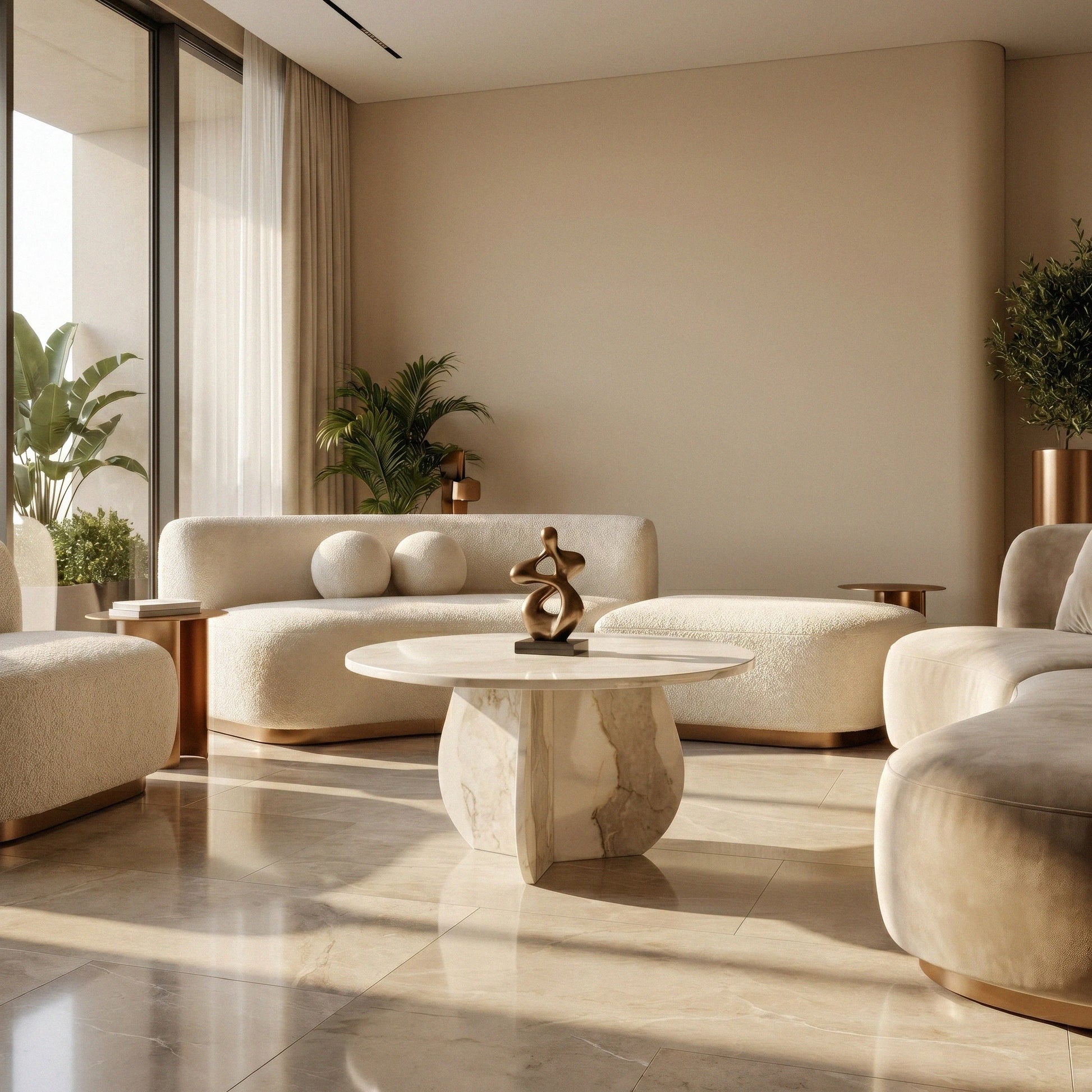 Fluer coffe table from Marbeya Charm in a modern living room with crved light gray sifa and normal lighting comming from large windows