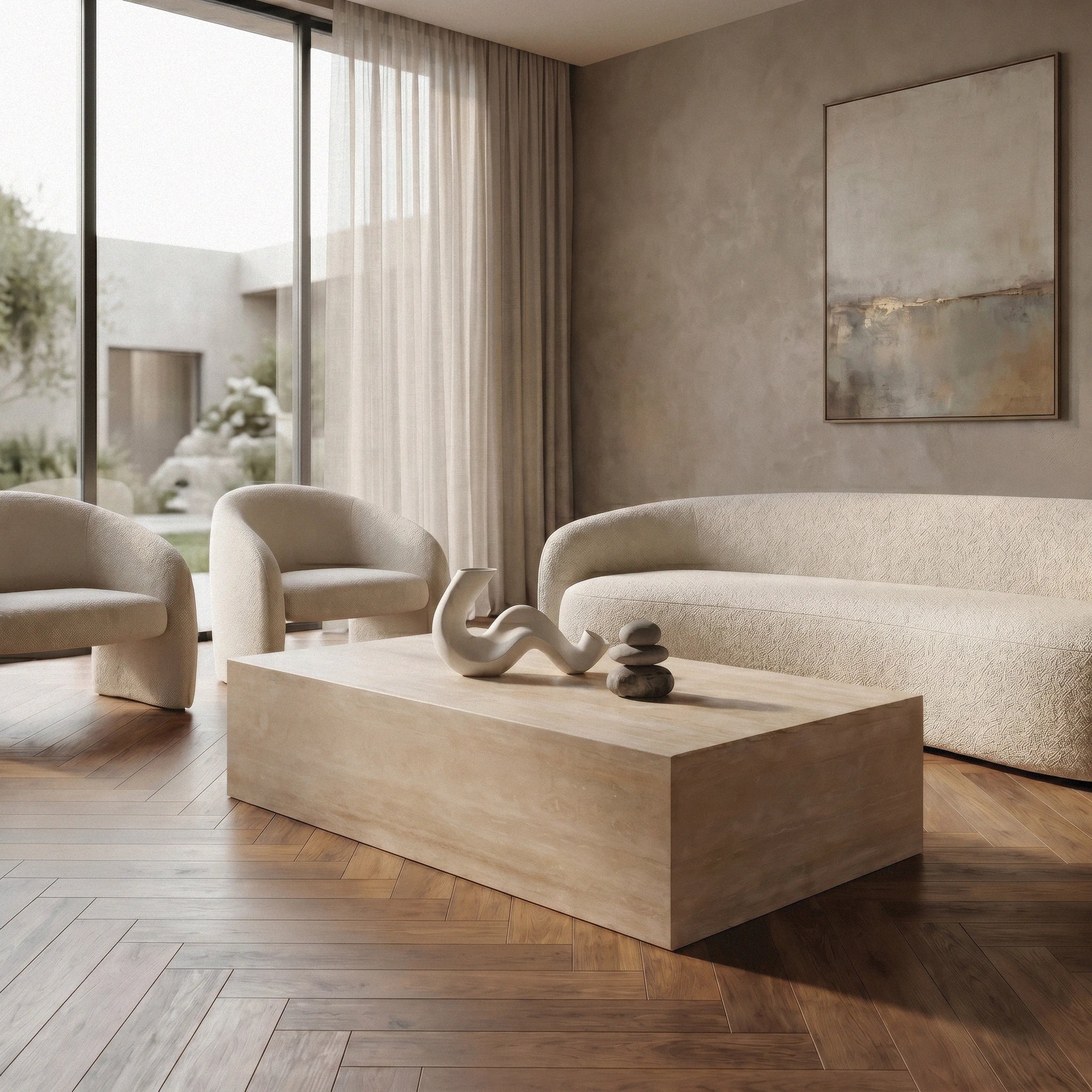 Linea Travertine Coffee Table in modern living room on parquet flooring with beige sofa and large window 