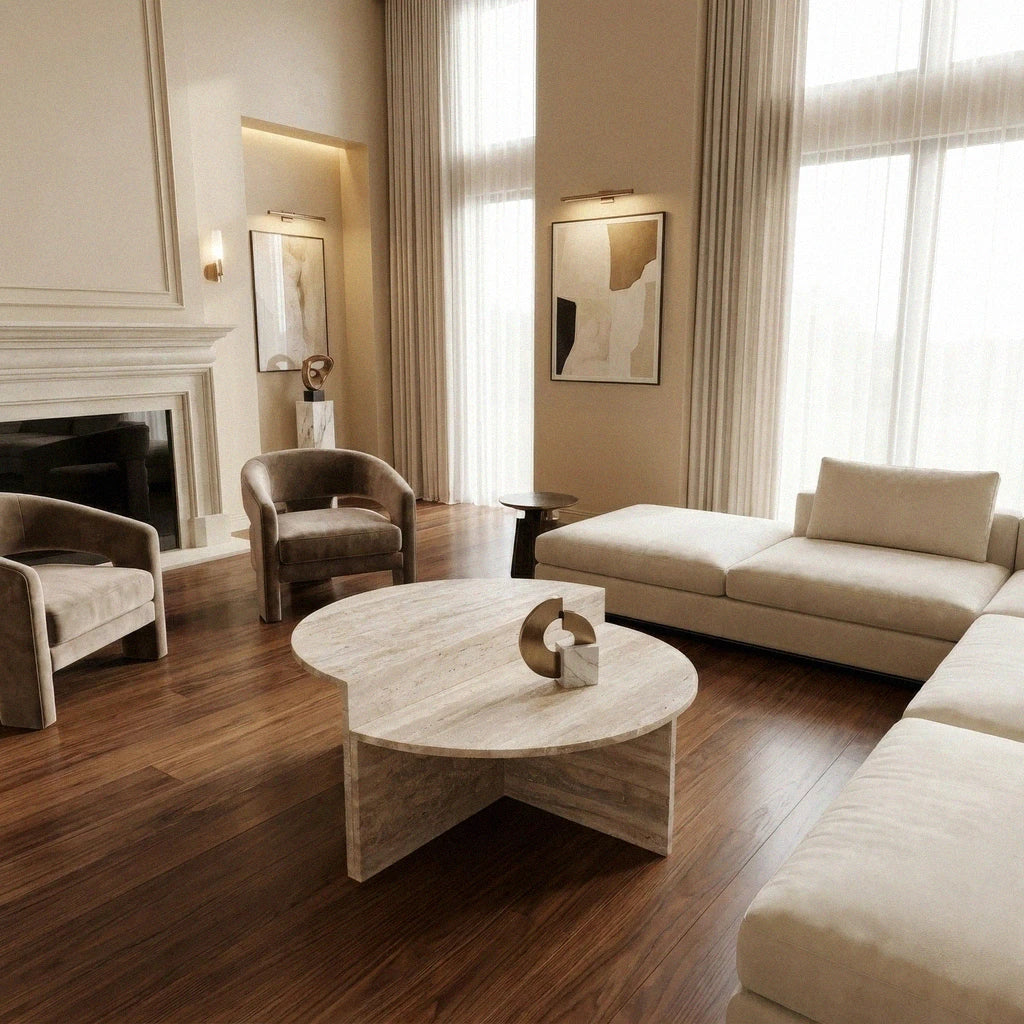 Lorisa coffee table in modern living room on parquet flooring and large windows passing normal lighting through transparent curtains