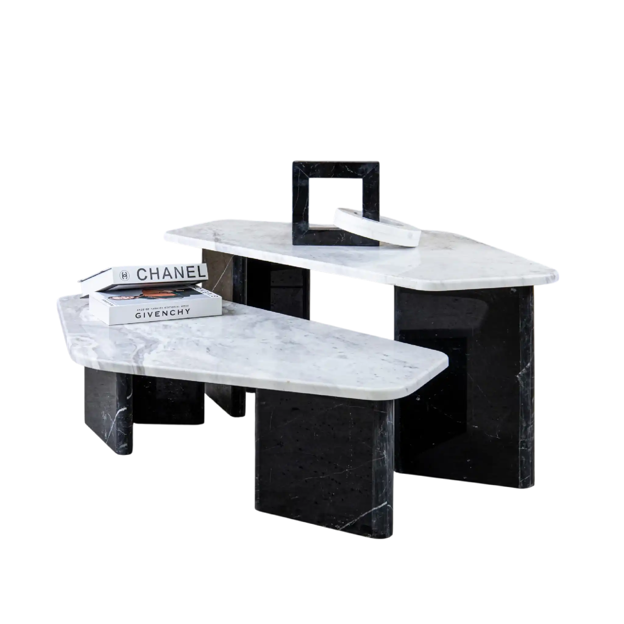 Modern black and white marble coffee table from Marbeya Charm with books on a white background