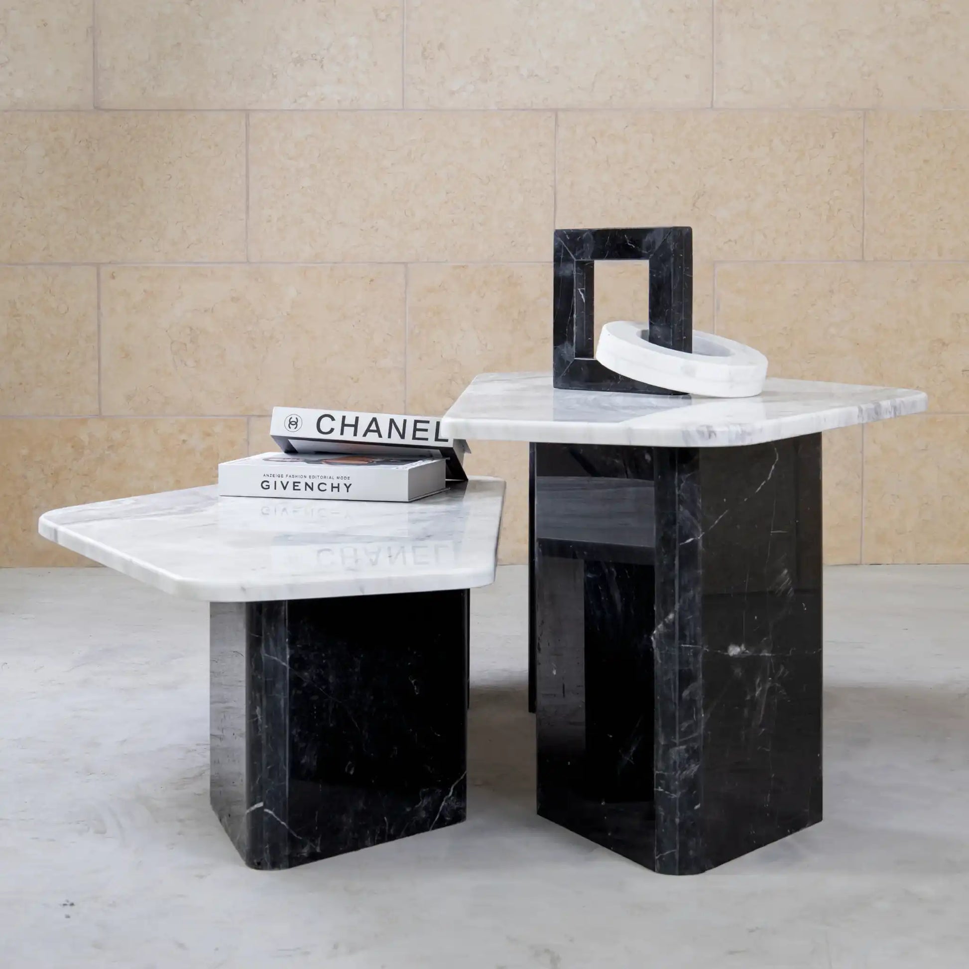 Meri Coffee Table Set with black marble base and white marble top - Marbeya Charm
