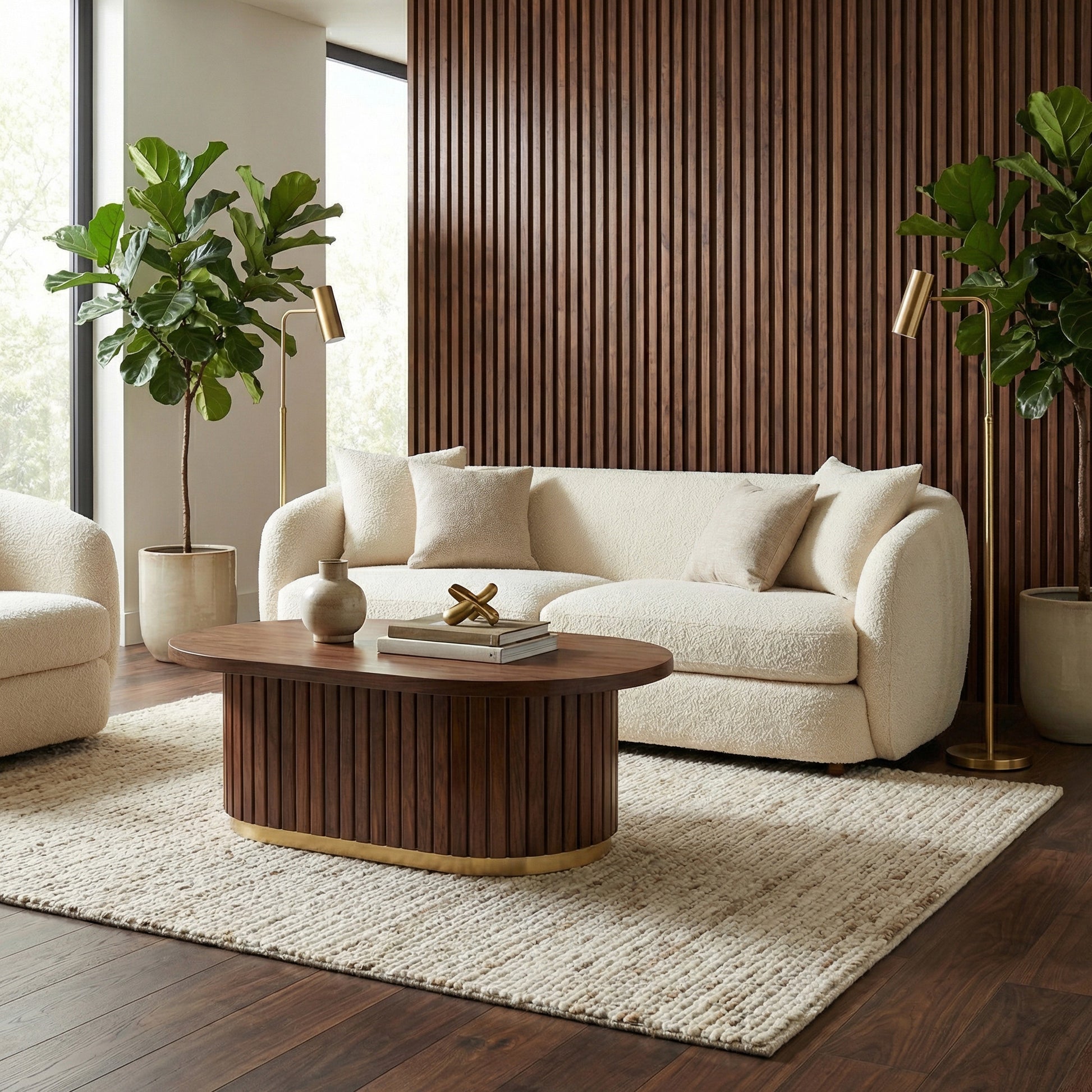 Modern living room with a white sofa, Riva wooden coffee table from Marbeya Charm, and decorative elements.
