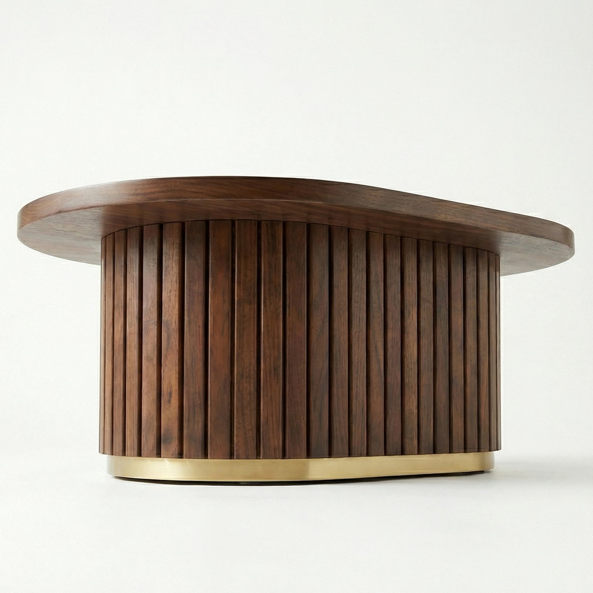 Riva Wooden coffee table with a gold base on a white background - Marbeya Charm