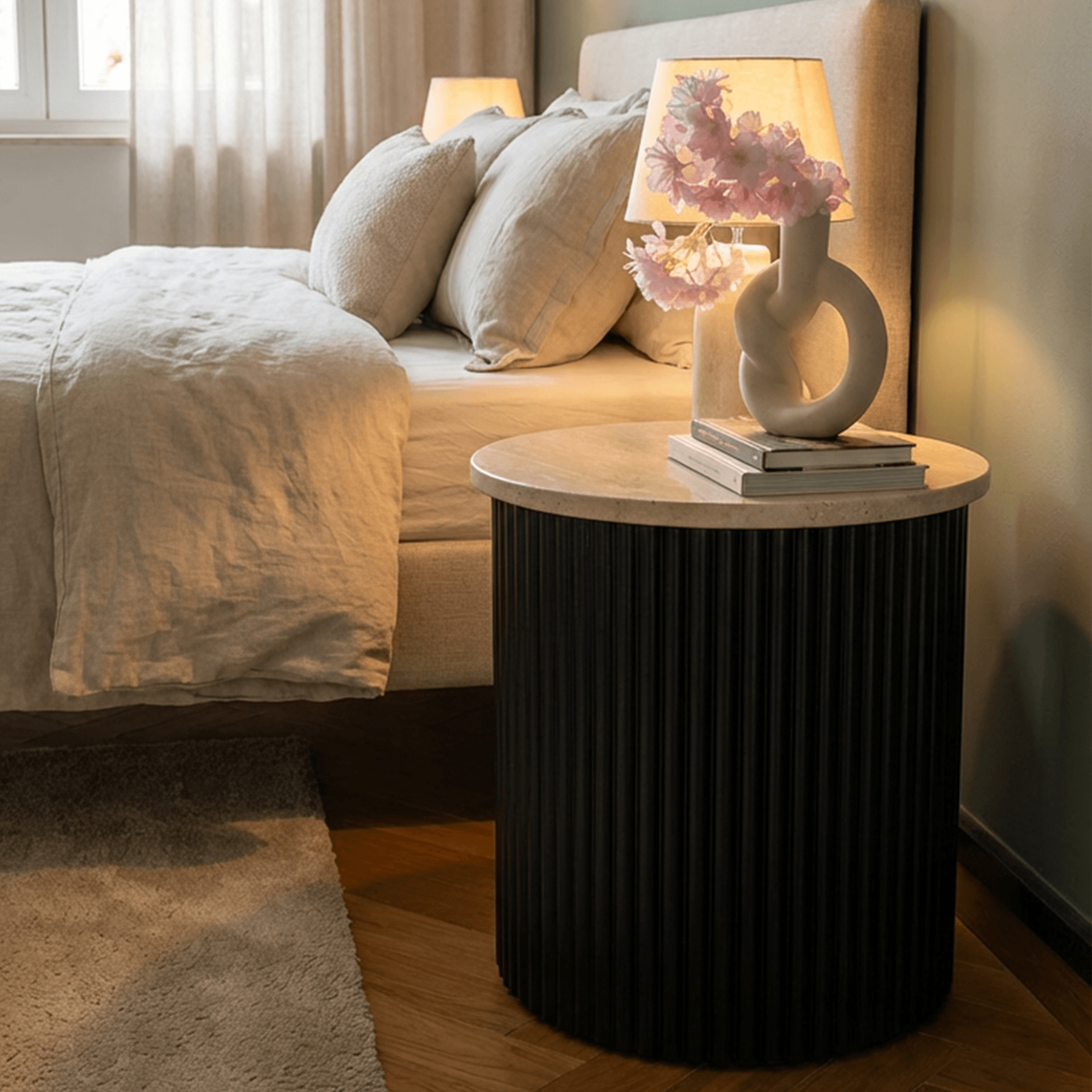 Roma Beige Travertine Wooden Base Side Table