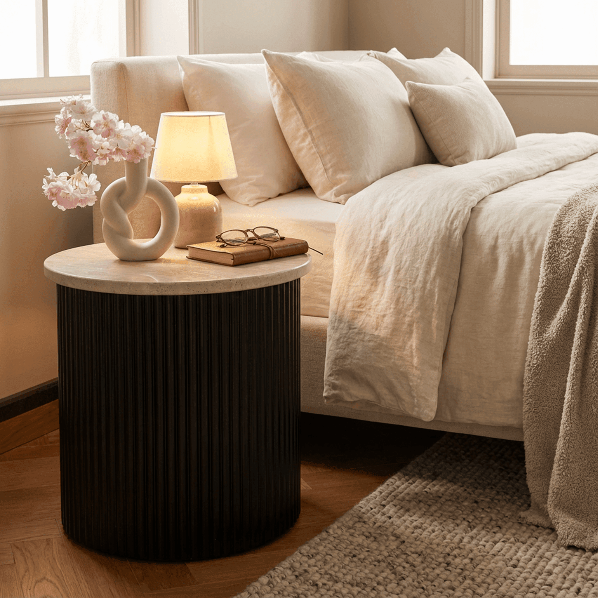 Roma Beige Travertine Wooden Base Side Table