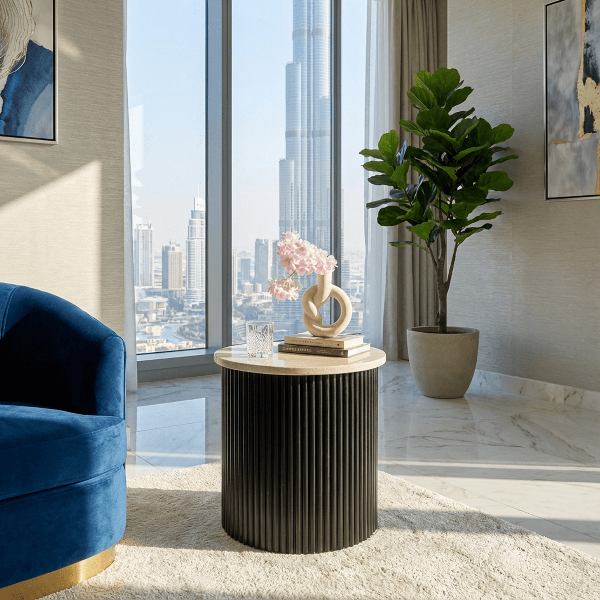 Roma Beige Travertine Wooden Base Side Table