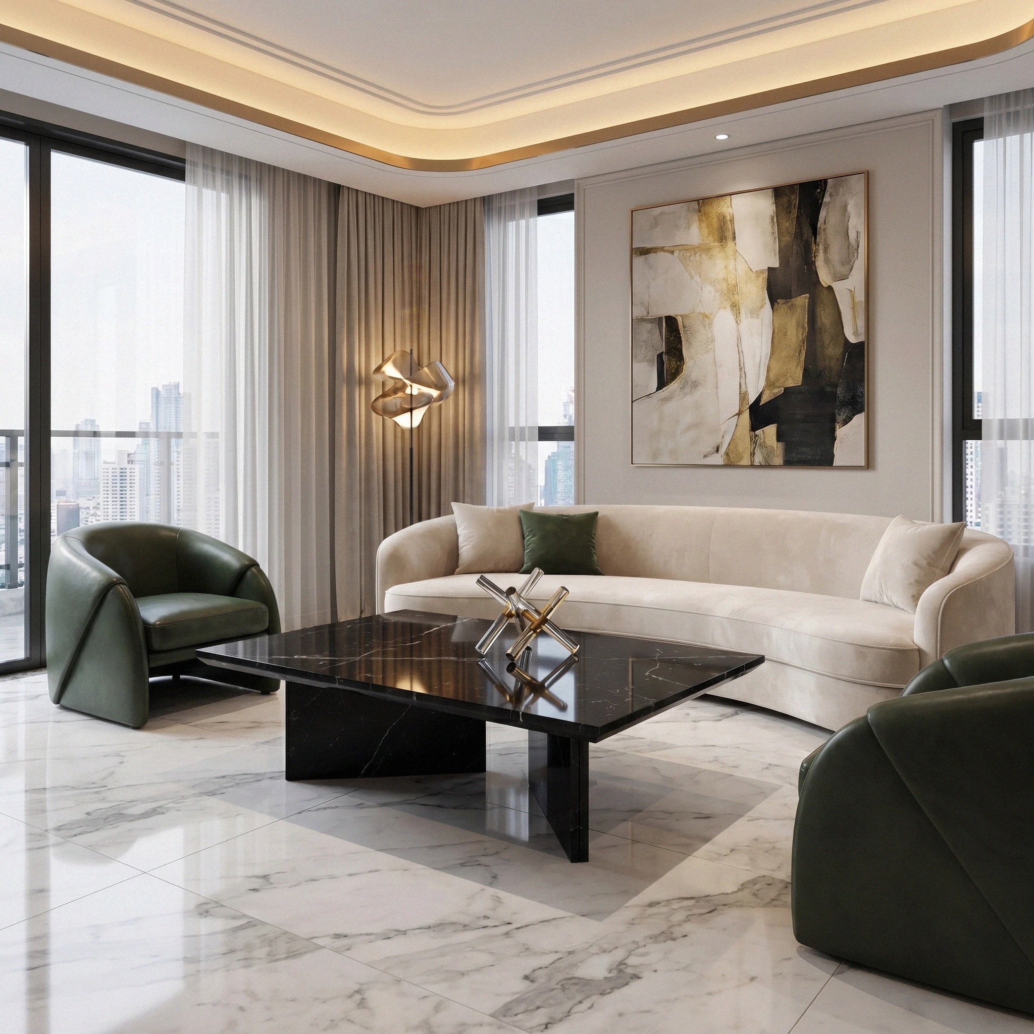 Reki Marble Coffee Table from Marbeya Charm in a modern living room with large windows on city view, curved beige sofa, two leather armchairs and marble flooring