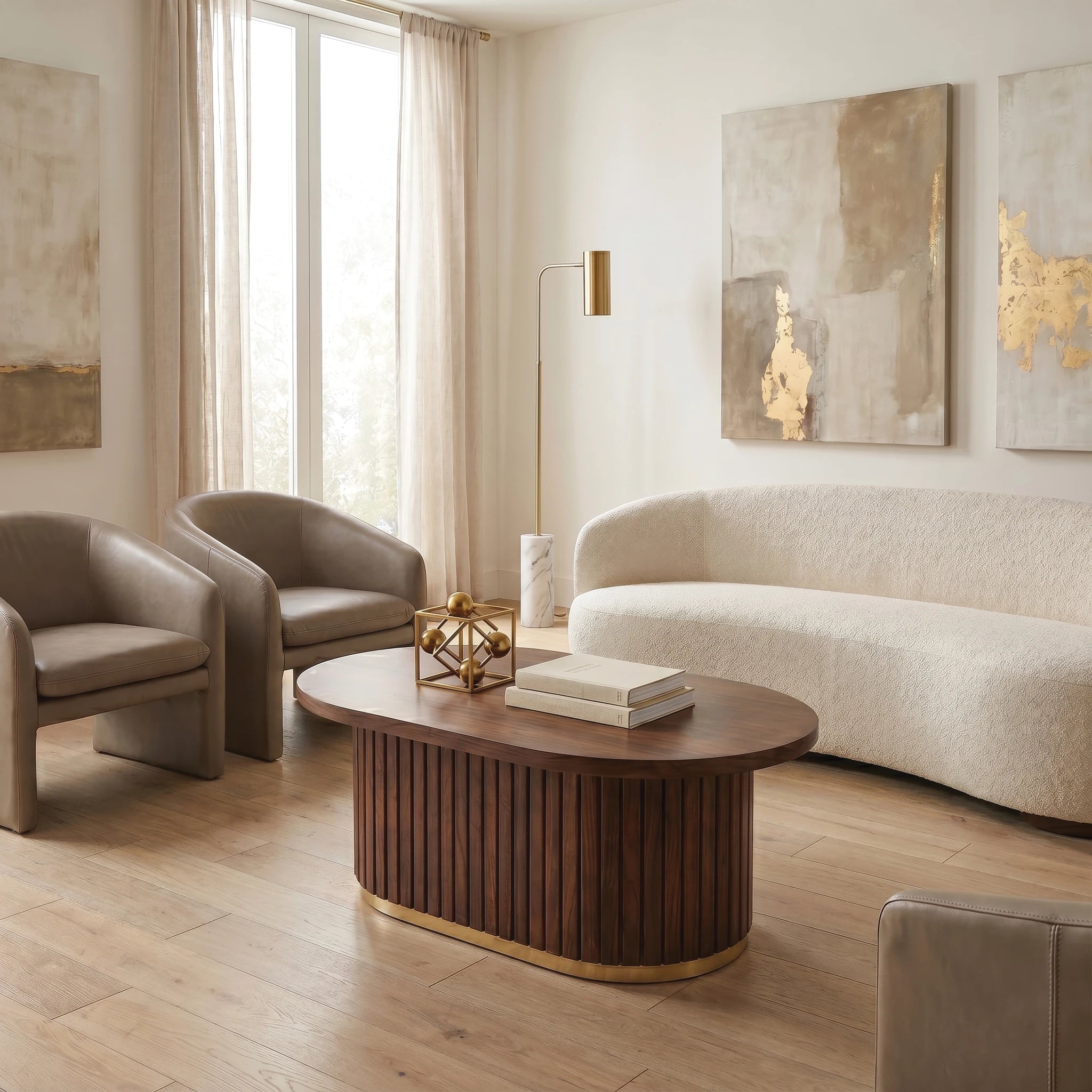 Riva Wooden Coffee Table from Marbeya Charm in a living room with ivory colored curved sofa, two leather armchairs, on parquet flooring