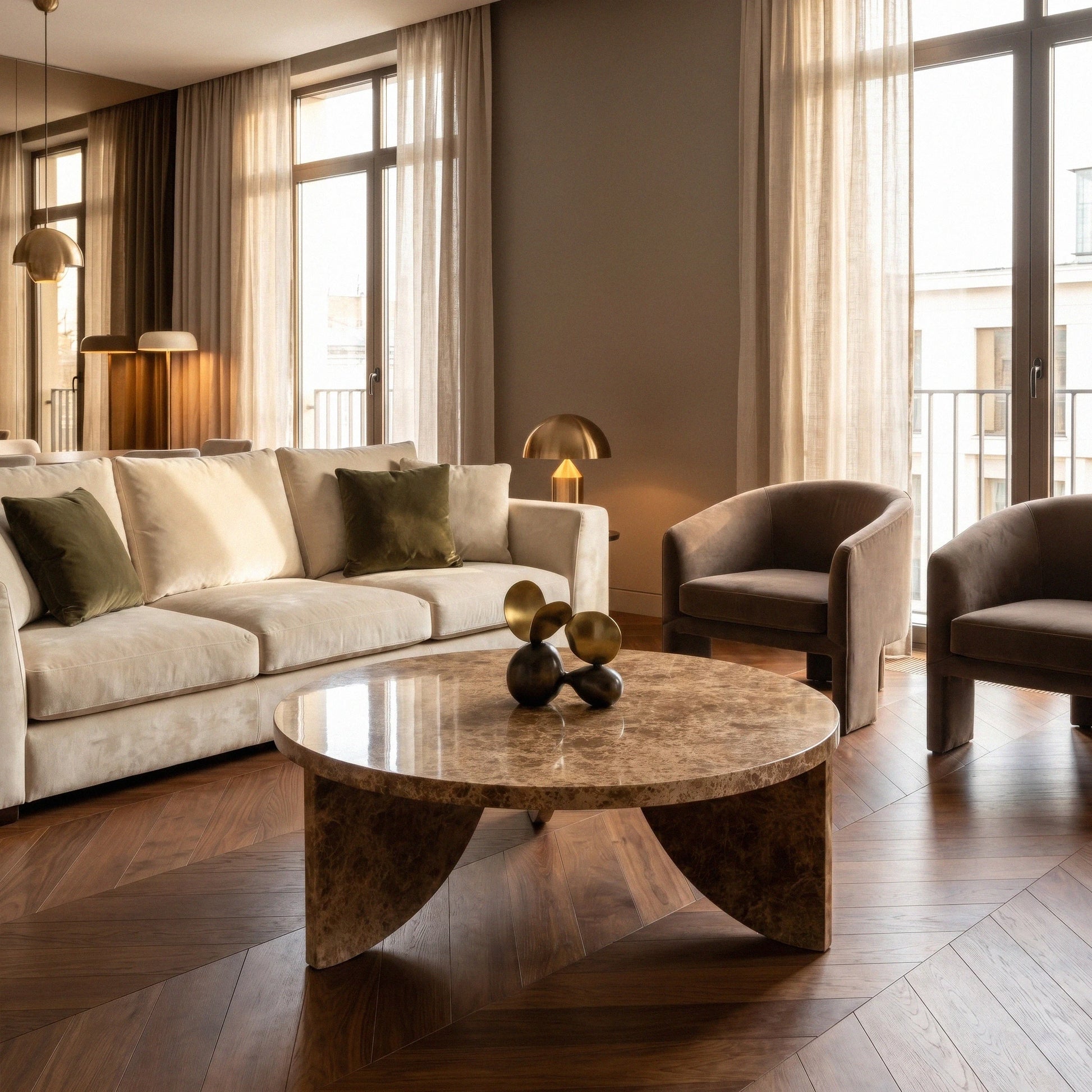 Rozaline Marble Coffee Table in modern living room with beige sofa and 2 armchairs, large glass doors for balcony - Marbeya Charm