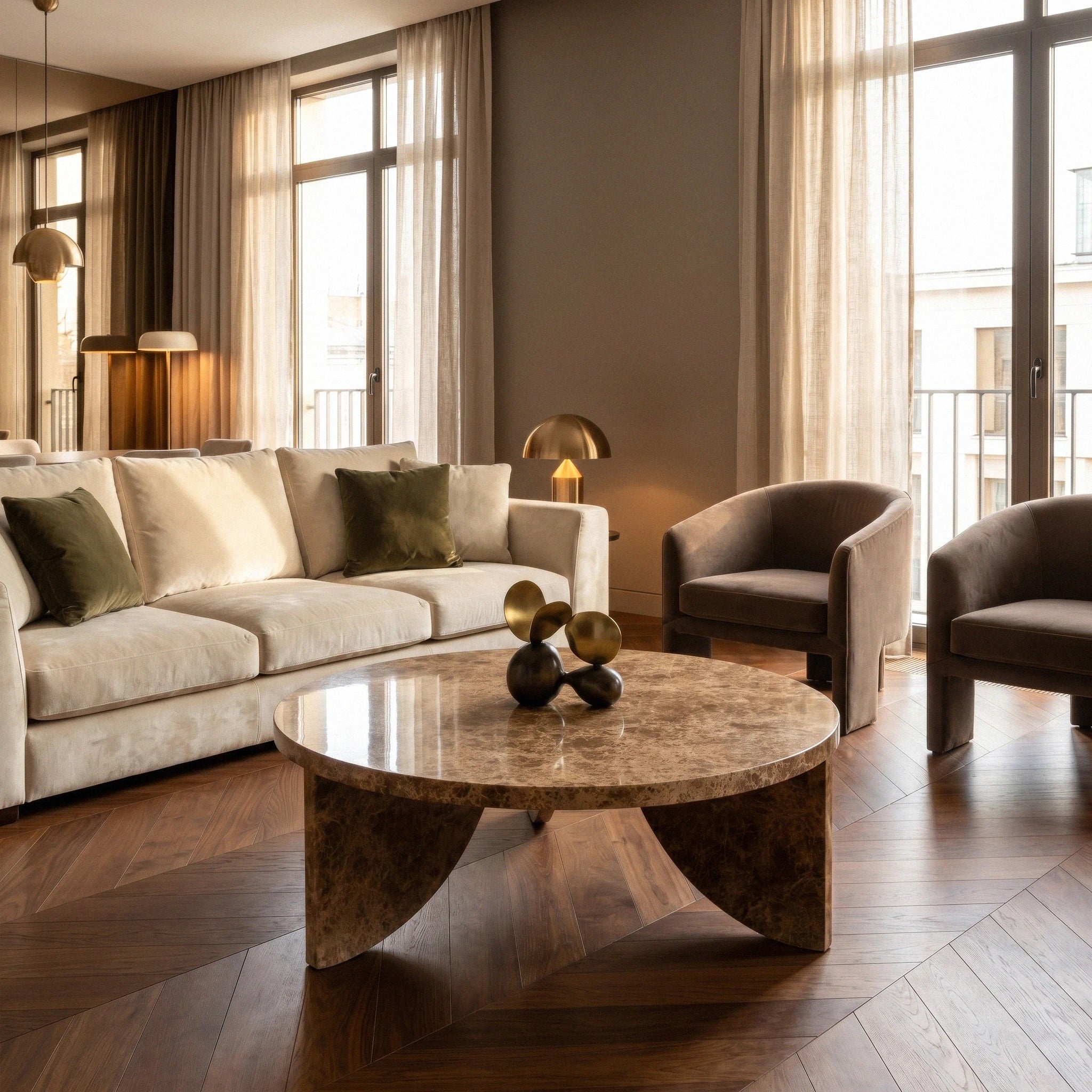 Rozaline Marble Coffee Table in modern living room with beige sofa and 2 armchairs, large glass doors for balcony - Marbeya Charm