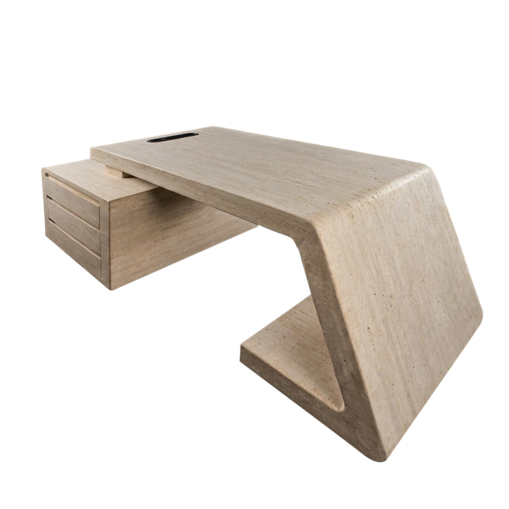 A modern travertine stone desk with a unique curved Z-shaped base, a built-in side drawer on the left, and a top cable management slot with built-in wireless charging pad, shown on a solid white background.