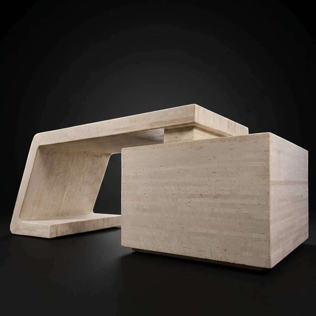 A luxury office desk made of travertine stone with angle shaped modern design against a dark background 