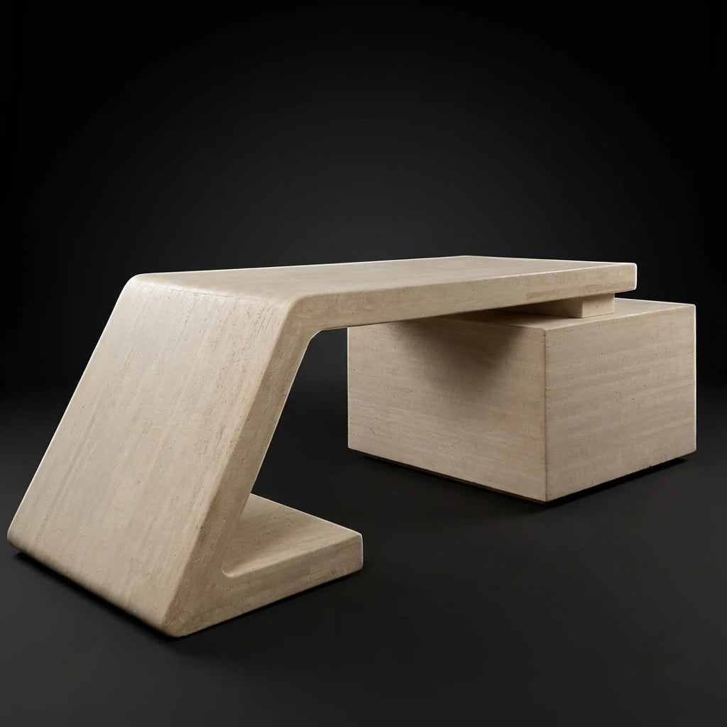 A minimalist modern natural stone office table with beige travertine finish, featuring a geometric angular base and a floating rectangular top with integrated power hub with a built-in wireless charging pad, set against a solid black background.