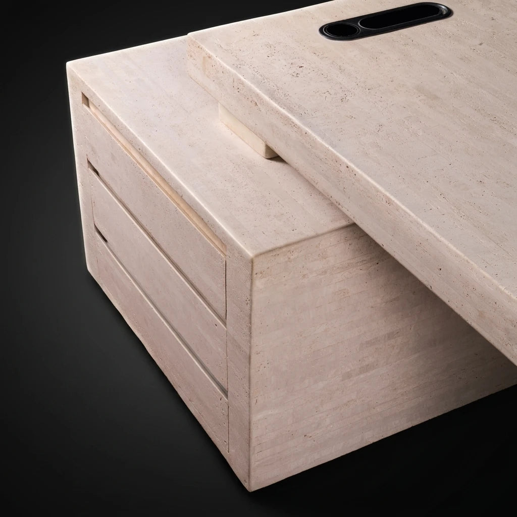 A close-up of a light beige stone travertine drawer-front for STRATA office table, showing the textured natural stone surface, drawer lines, and the integrated  power hub on the top, set against a dark background.