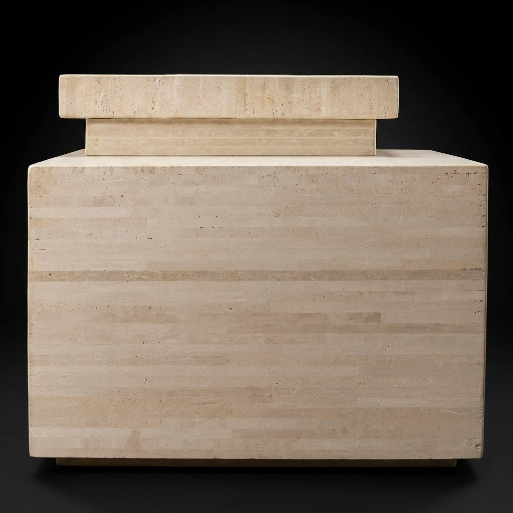 A side view of Strata executive desk, our luxury travertine office table from Marbeya Charm
