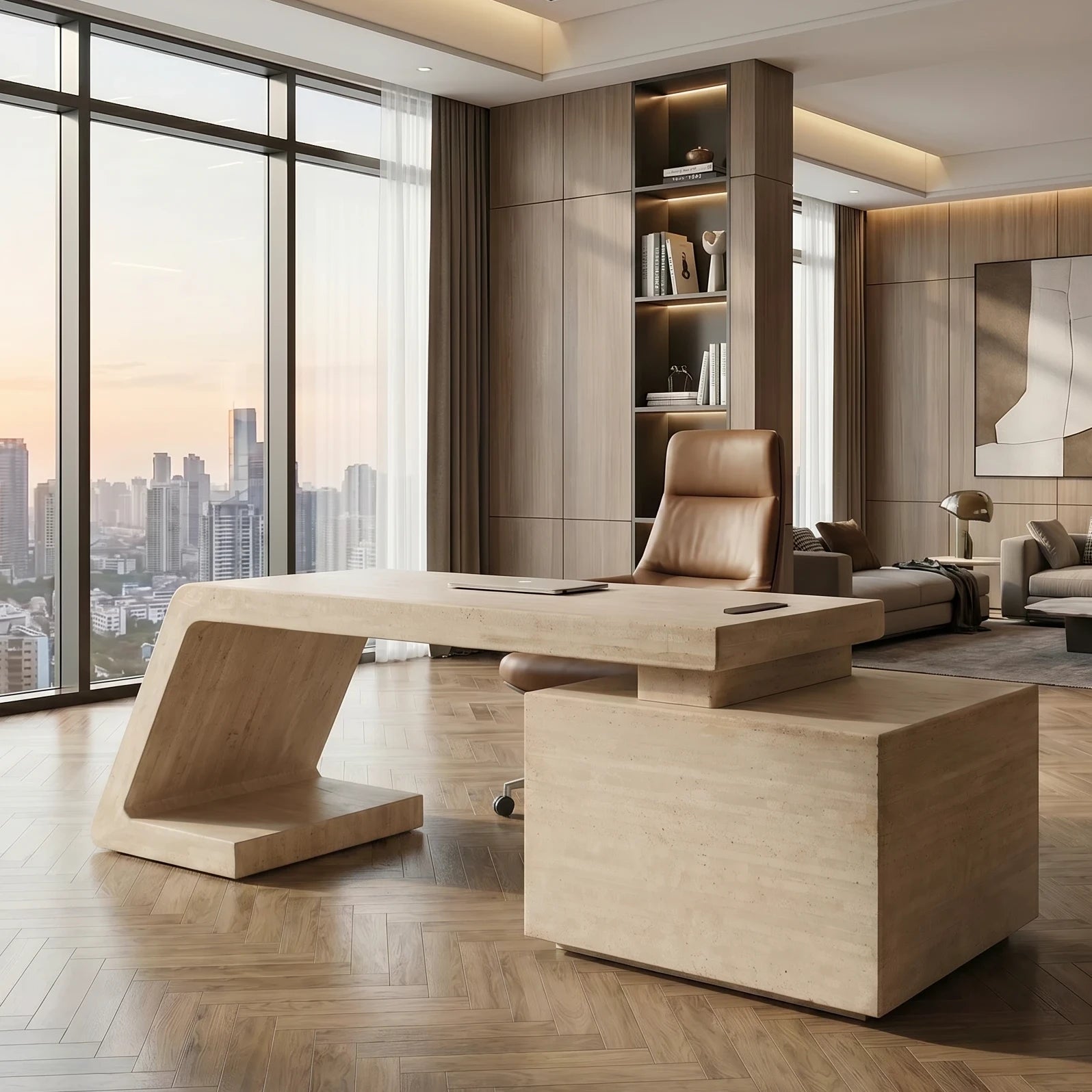 A luxury travertine office desk with a sculptural angled base and matching storage drawers, styled in a luxury contemporary home office with a leather chair and large floor-to-ceiling windows.