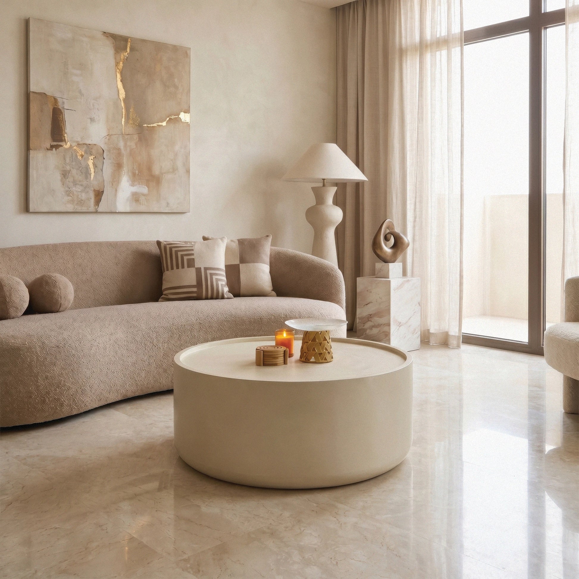 TERRA MICROCEMENT COFFEE TABLE in a modern living room - Marbeya Charm