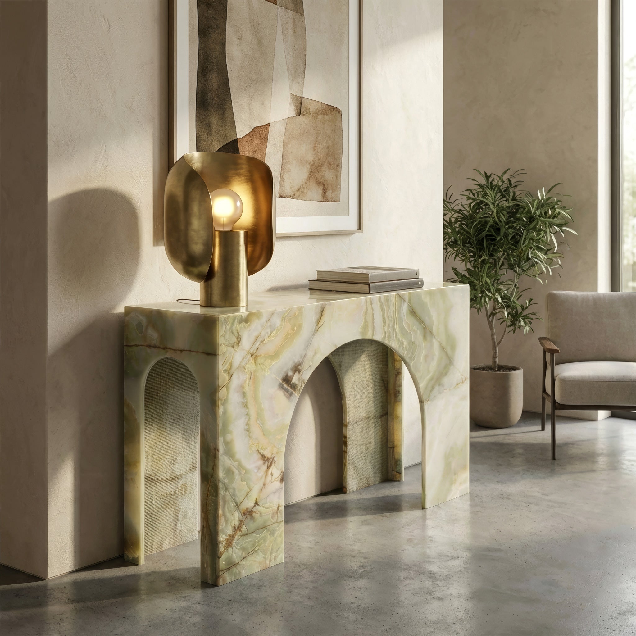 Marble console table with a gold lamp in a modern living room.